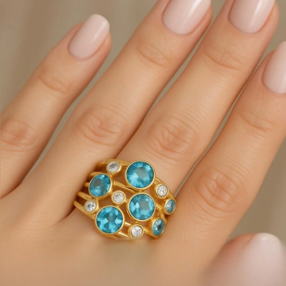 Gold plated ring size 8 with Blue Zircon & clear Swarovski crystals BNIB